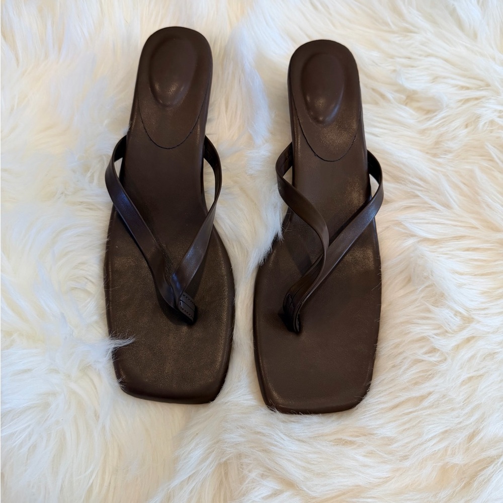 Women’s Brown Square-Toe Leather Slide Sandals